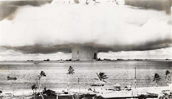 (NUCLEAR) A group of four panoramic atomic bomb testing photographs, including two sets of duplicates from the Bikini Atoll Baker Day b